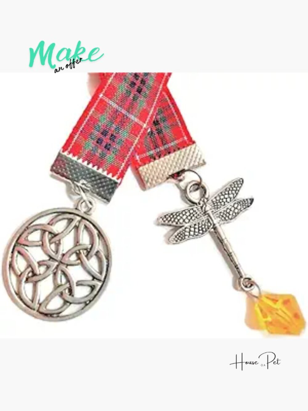 Handmade Outlander Bookmark - 13 Inch Edinburgh Tartan, Dragonfly in Amber,